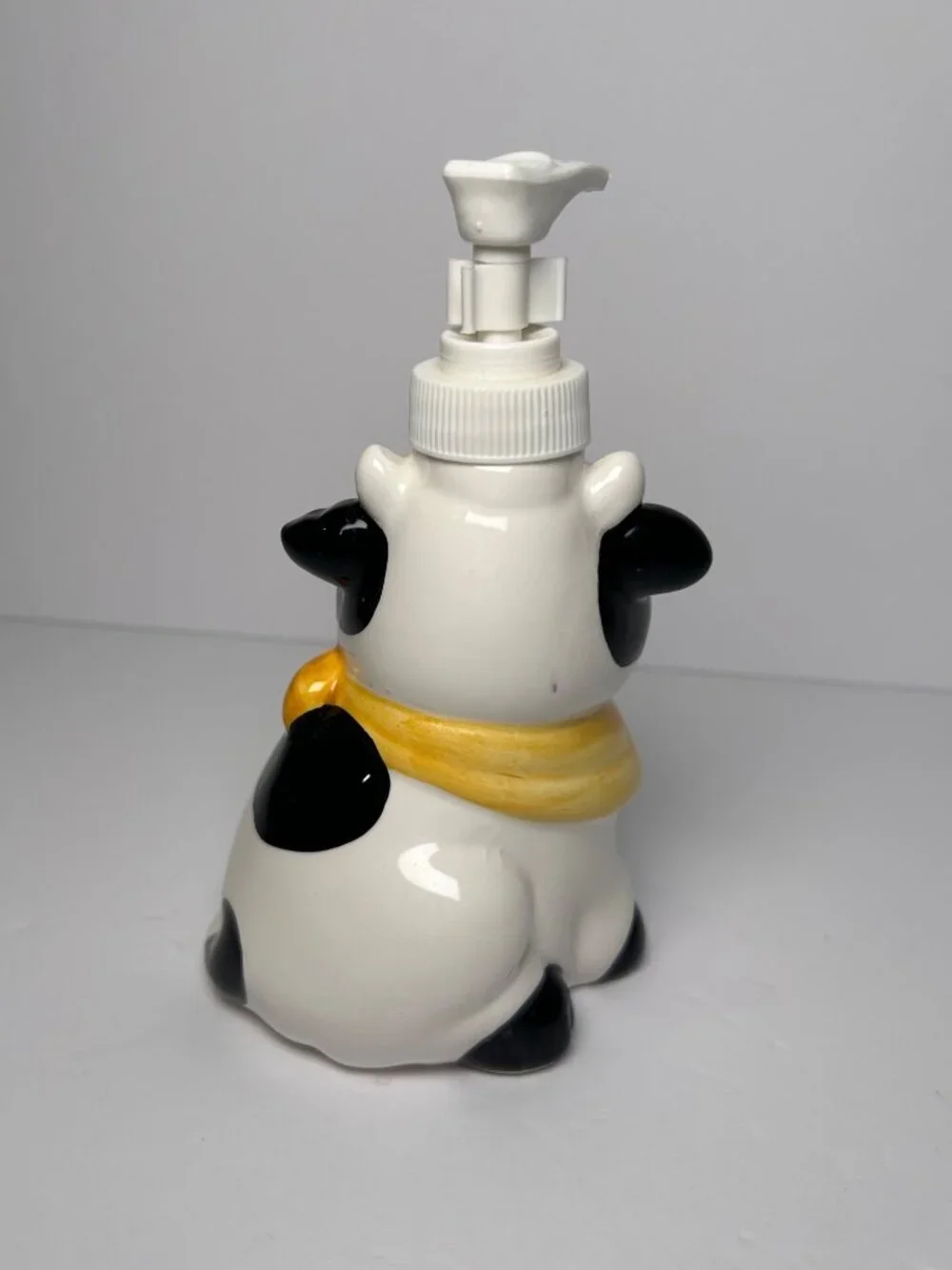 Cow Themed Ceramic Soap Dispenser Yellow Scarf Farmhouse Decor Black & White
